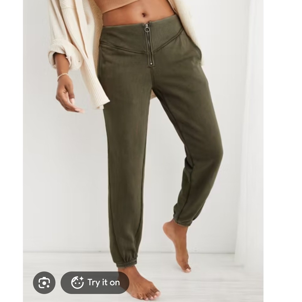 Aerie small joggers olive green lounge zip front high waisted